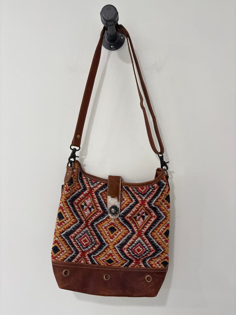 NWT Myra Aztec Saddle Crossbody Brown and Multicolor Woven Material